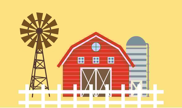 illustration of a farm field with a barn and windmill, symbolizing rural life, agriculture, and renewable energy vector