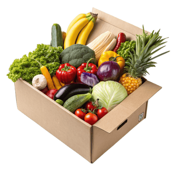 Abundant Harvest Cardboard Box Overflowing with Fresh Fruits, Vegetables, Produce Mix png