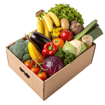 Assorted Fresh Vegetables and Fruits in Cardboard Box on, Rich Color Palette png