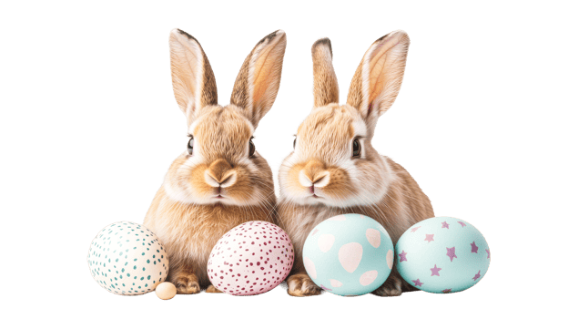 Easter rabbits with painted eggs, isolated on black, cut out transparent png