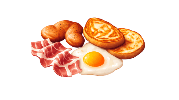 Breakfast with bread, bacon and eggs, delicious food, cut out transparent png