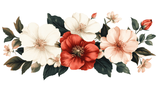 Floral arrangement with white and red flowers on black, cut out transparent png