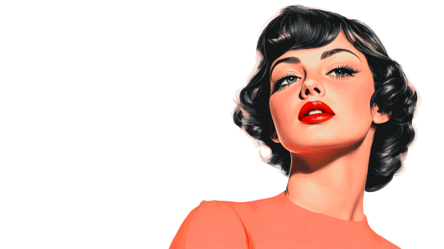 Glamorous retro woman portrait with red lips, cut out transparent png