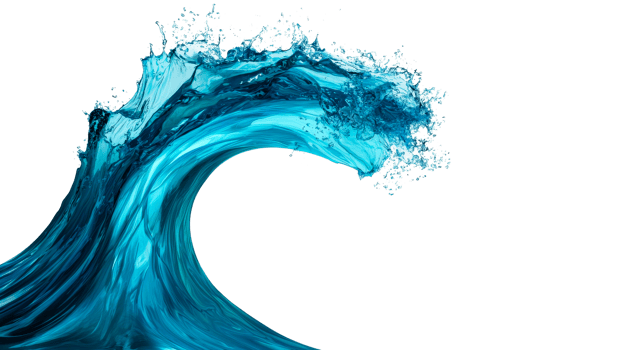 Water wave with splash and bubbles in curved motion, cut out transparent png
