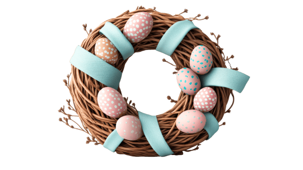 Easter wreath with eggs, light blue ribbon, rustic, cut out transparent png