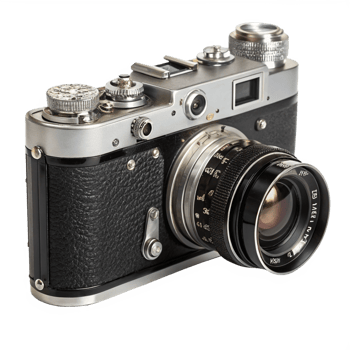 Classic Silver and Rangefinder Camera with Lens Still Life png