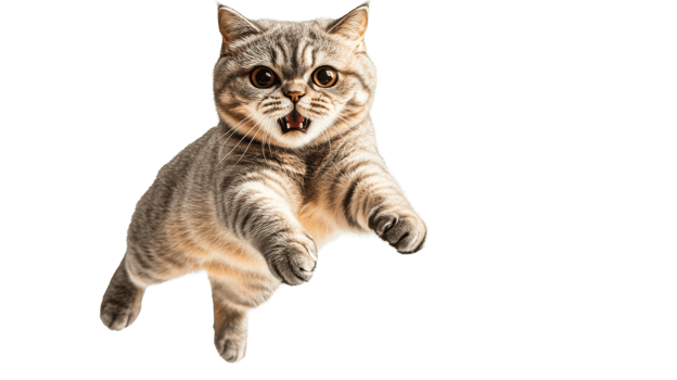 Gray tabby cat jumping with mouth open and eyes wide, cut out transparent png
