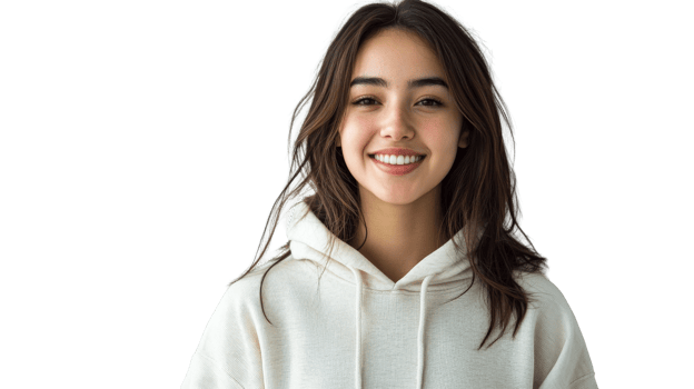 Smiling young woman in hoodie posing, cut out transparent png