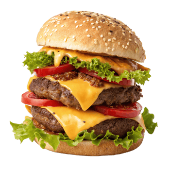 Double Cheeseburger With Lettuce, Tomatoes, Cheese, and Sesame Bun png