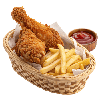 Crispy Fried Chicken Drumsticks and Golden French Fries in Wicker Basket png