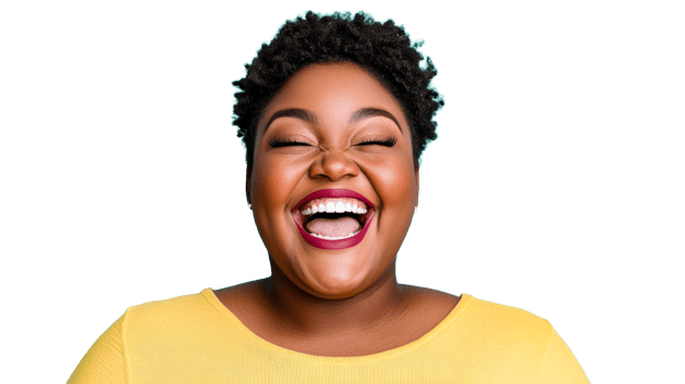 Woman laughing with eyes closed, mouth open, cut out transparent png
