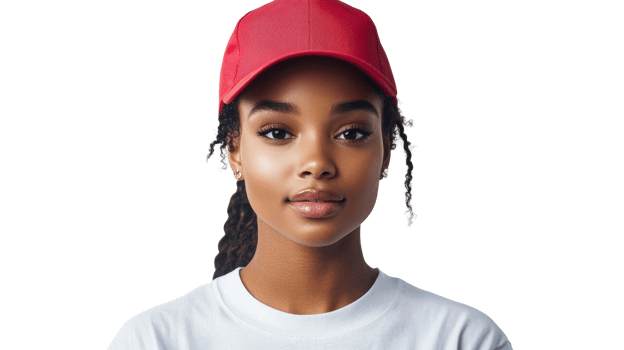 Portrait of a woman in a red cap against a black background, cut out transparent png