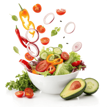 Fresh Vegetable Salad with Flying Ingredients in White Bowl png