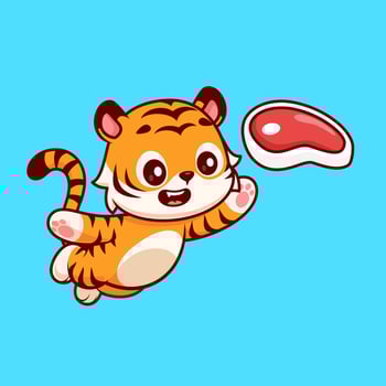 Cute Tiger Catching Steak Meat Cartoon vector