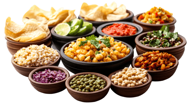 Assortment of bowls with dips and snacks, cut out transparent png