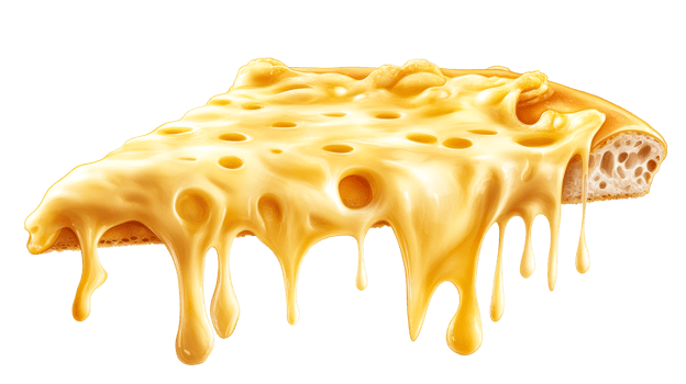 Slice of Swiss cheese, yellow with holes, dripping down, cut out transparent png