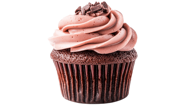 Chocolate cupcake with pink frosting and chocolate chips, cut out transparent png