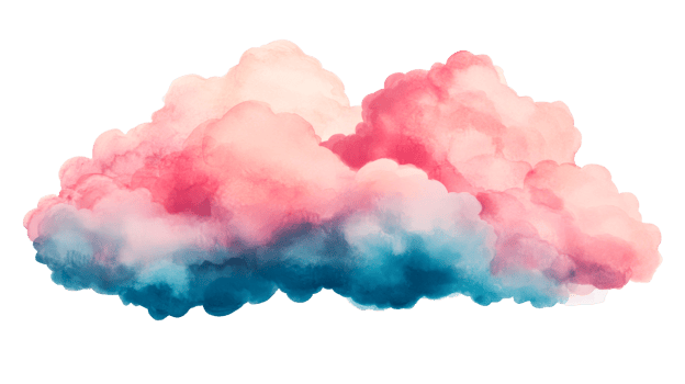Pink and Blue Watercolor Cloud Design Element on Black Background, cut out transparent png
