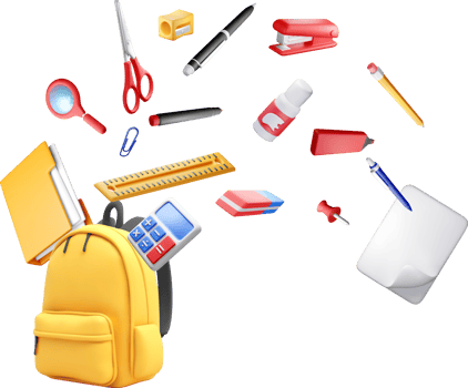 3D Yellow school backpack with stationery. png