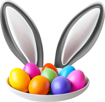 3D colorful easter eggs with bunny ears in plate png