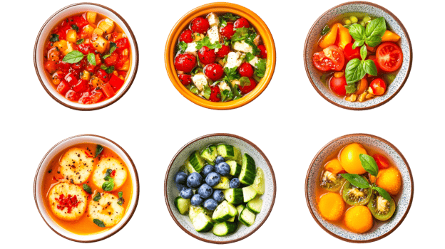 Bowls of colorful summer salads, healthy food variety, cut out transparent png