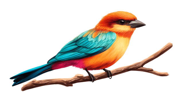 Colorful bird on branch, vibrant plumage illustration, cut out transparent png