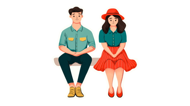 Cartoon couple sitting together on bench, smiling, cut out transparent png