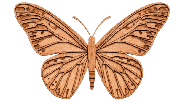 Wooden Butterfly Decoration With Layered Wings, cut out transparent png