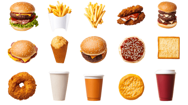 Fast food assortment, burgers and drinks, cut out transparent png