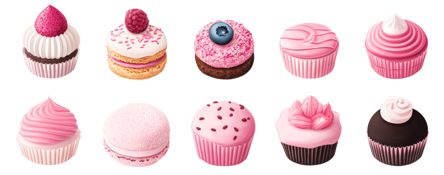 Assorted cupcakes with fruit and cream frosting, cut out transparent png