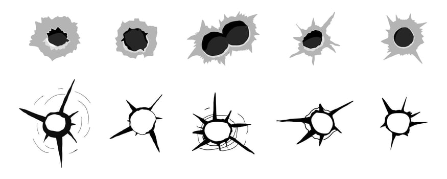 Bullet hole gunshot weapon mark silhouette, impact gun, bullet hole gunshot. Damage from shoot. vector