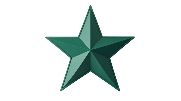 Glossy green star, pointed symbol on black background, cut out transparent png