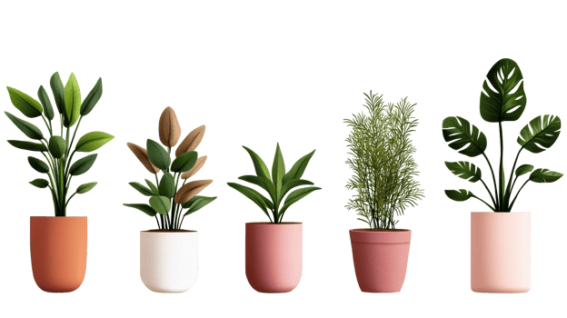Five indoor plants in colorful pots, cut out transparent png