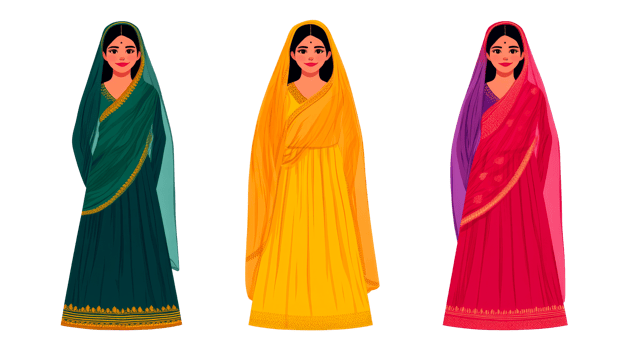 Three women wearing traditional Indian dress, cutout transparent png