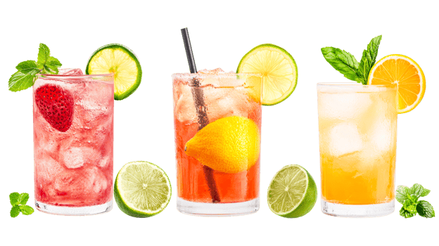 Three vibrant, colorful mixed drinks with fruits, cut out transparent png