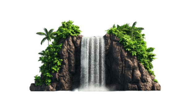 Tropical waterfall cascade from rock formations, vegetation, cut out transparent png