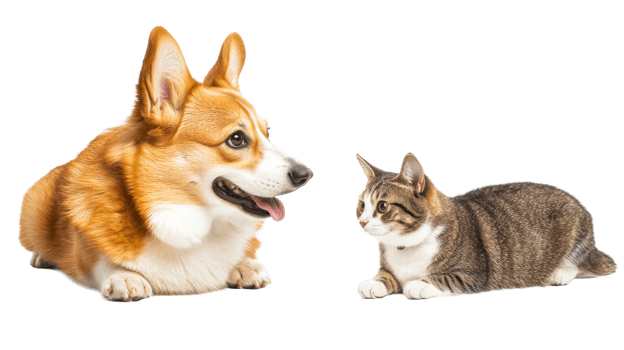 Corgi and cat resting, looking at each other, cut out transparent png