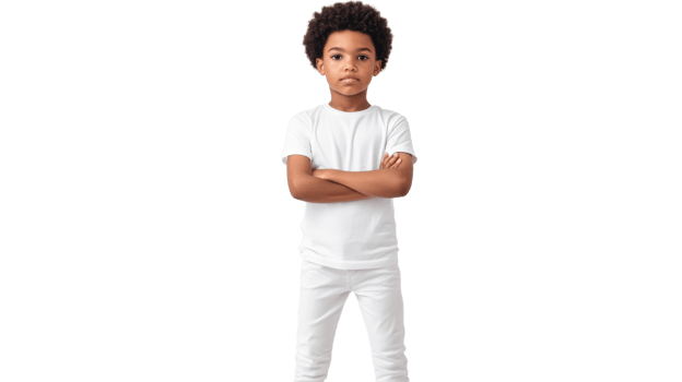 Serious little African boy in white outfit arms crossed, cut out transparent png