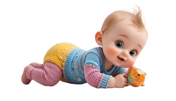 Sweet Baby Girl in Pastel Outfit Crawling with Toy png