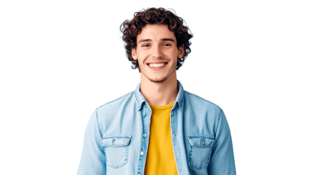 Young man smiles in a light blue denim shirt, cut out transparent png