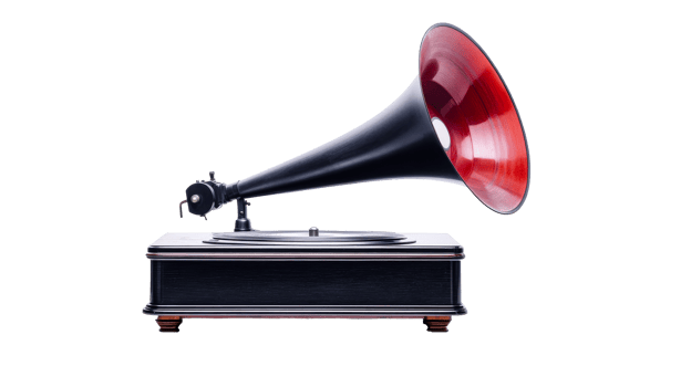 Antique phonograph with horn speaker, isolated background, cut out transparent png