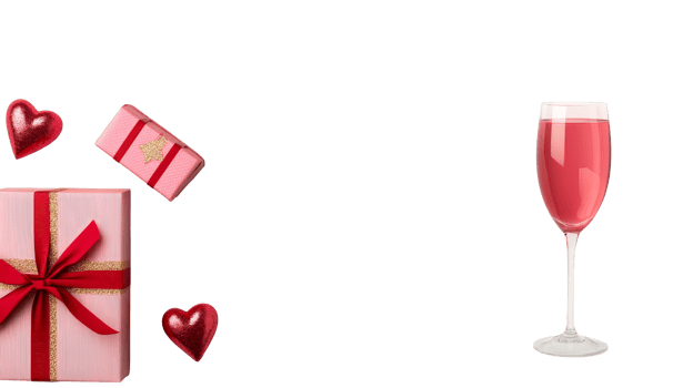 Pink presents and wine glass on black background, cut out transparent png