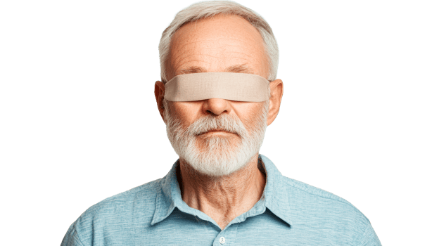Elderly man with eye patch, medical bandage, portrait, isolated, cut out transparent png