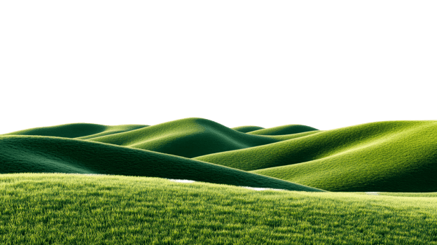 Green grassy hills landscape in black background, cut out transparent png