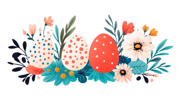 Easter eggs with flowers and leaves ornament, cut out transparent png