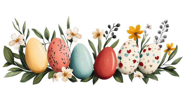 Easter Eggs Arrangement with Flowers, Isolated, cut out transparent png
