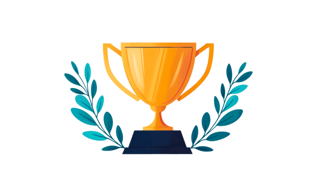 Golden trophy cup with wreath on black background, cut out transparent png