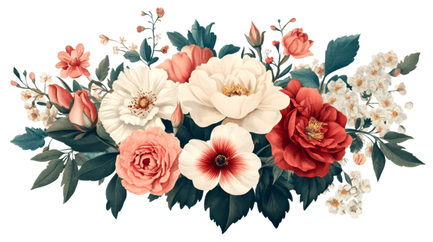 Floral arrangement with roses and peonies, elegant bouquet, cut out transparent png