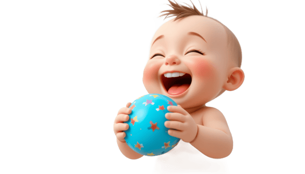 Joyful Baby With Colorful Sphere, Closeup Portrait, Transparent Background png