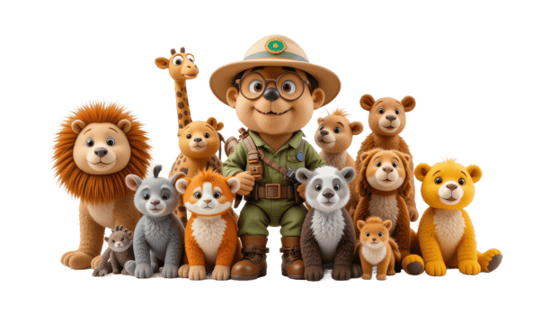 Playful Ranger with a Group of Adorable Stuffed Creatures on a Transparent png